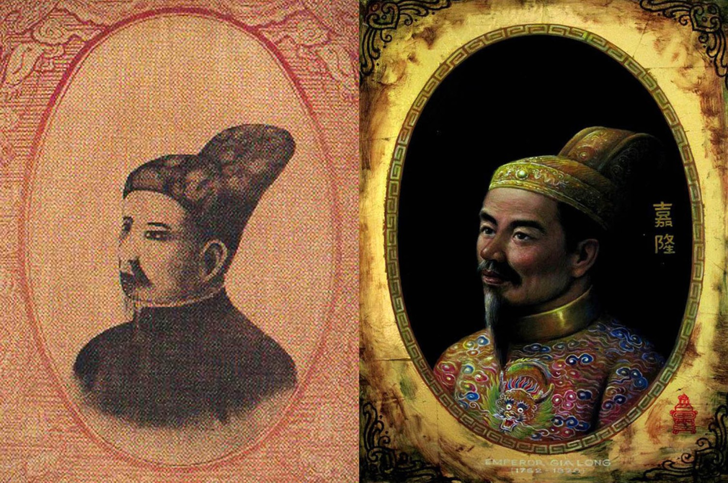Chân dung vua Gia Long. Bên trái là ảnh gốc do người Pháp vẽ. Bên phải là chân dung do họa sĩ đương đại phóng tác.